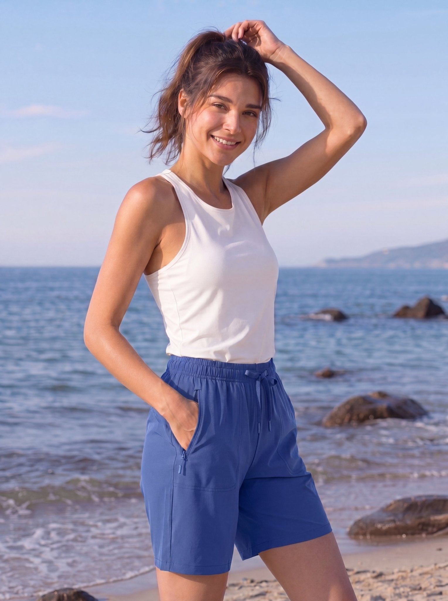 YUCOLEN Women 8 Inch Inseam Hiking Shorts - Water Resistant Quick Dry Golf Shorts with Zipper Pockets in Blue Grey