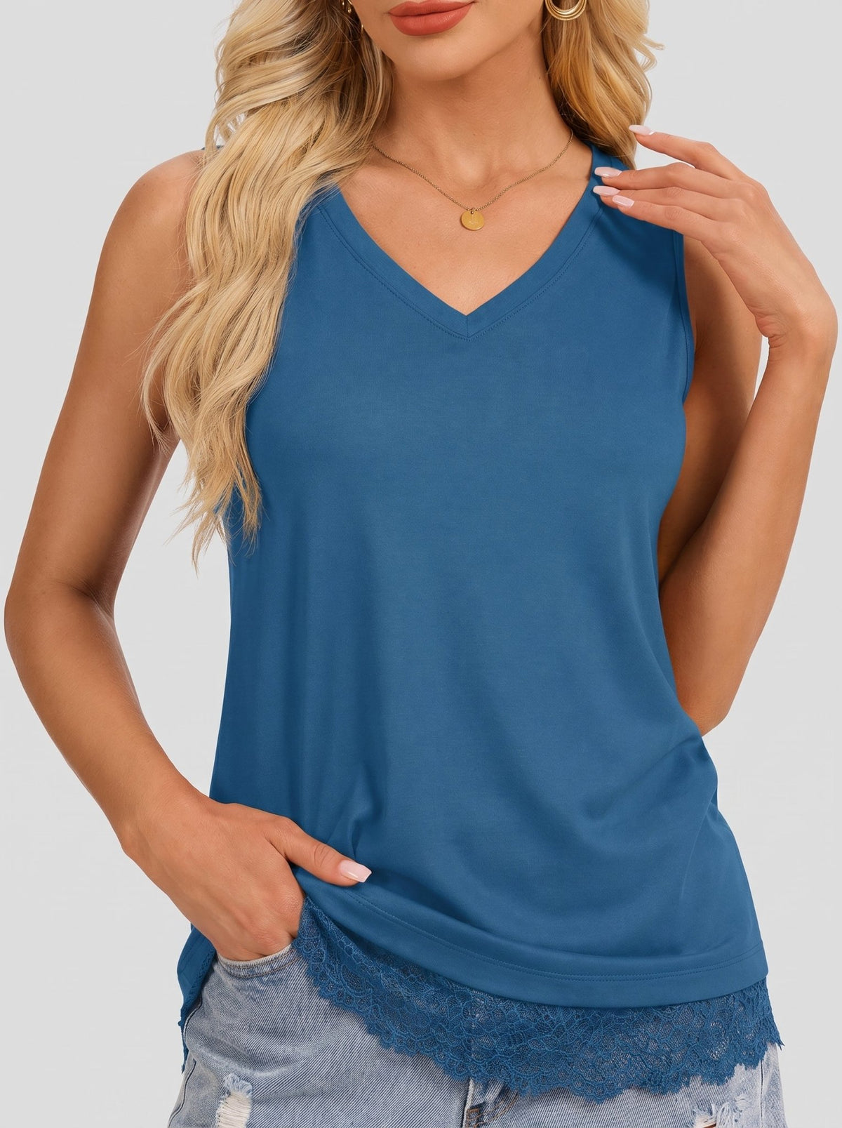 YUCOLEN Women's Lightweight Sleeveless Tank Top - Stretch Workout Shirt in Blue Grey