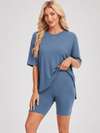 YUCOLEN Women's 2 Piece Oversized Lounge Set Matching Shorts and Tee Summer Casual Travel Athleisure Outfit in Blue