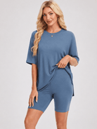 YUCOLEN Women's 2 Piece Oversized Lounge Set Matching Shorts and Tee Summer Casual Travel Athleisure Outfit in Blue