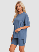 YUCOLEN Women's 2 Piece Oversized Lounge Set Matching Shorts and Tee Summer Casual Travel Athleisure Outfit in Blue