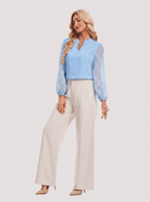 YUCOLEN Women's V Neck Chiffon Blouse with Lace Puff Sleeves Dressy Casual Work Tops in Blue