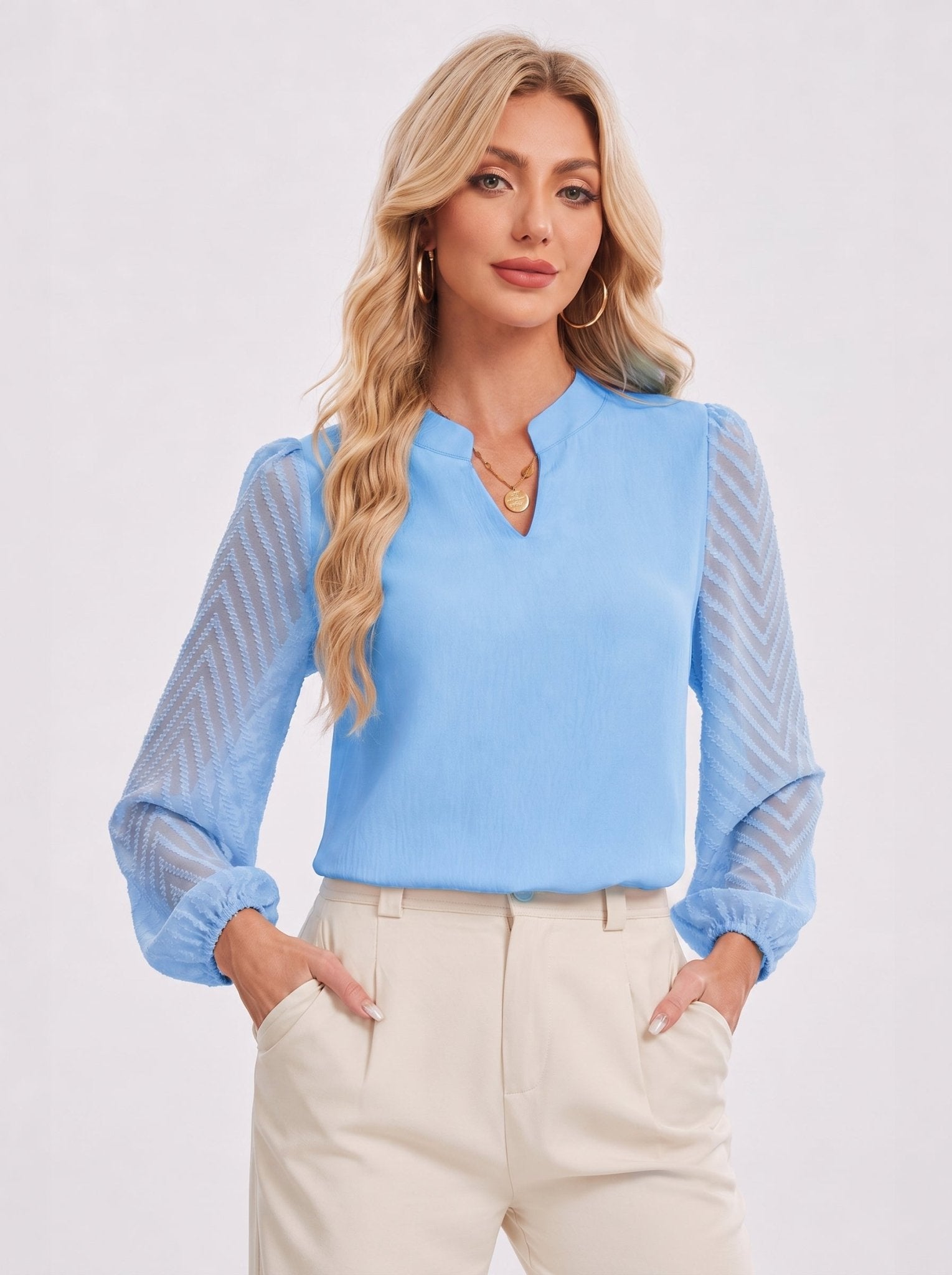 YUCOLEN Women's V Neck Chiffon Blouse with Lace Puff Sleeves Dressy Casual Work Tops in Blue