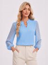 YUCOLEN Women's V Neck Chiffon Blouse with Lace Puff Sleeves Dressy Casual Work Tops in Blue