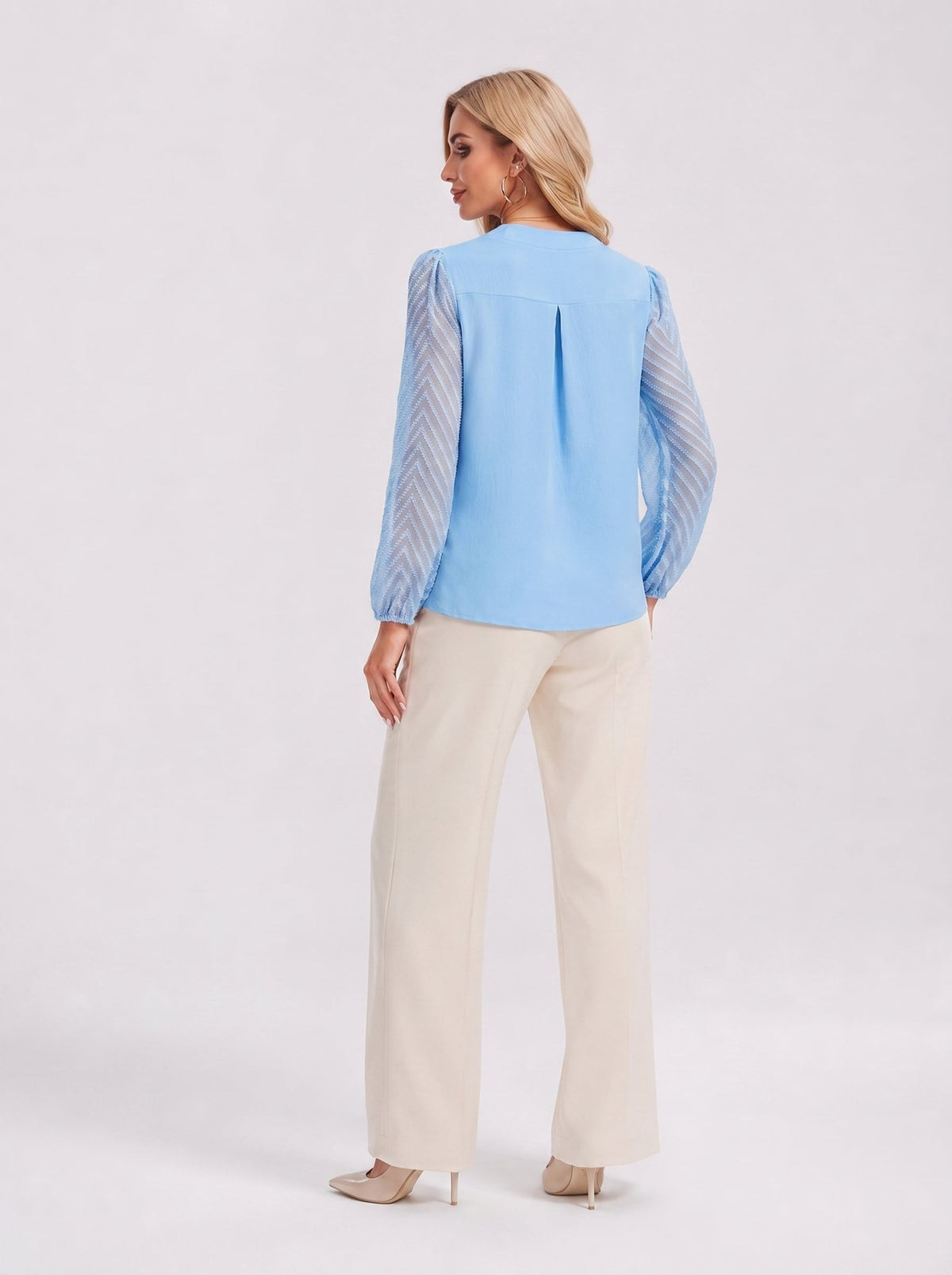 YUCOLEN Women's V Neck Chiffon Blouse with Lace Puff Sleeves Dressy Casual Work Tops in Blue
