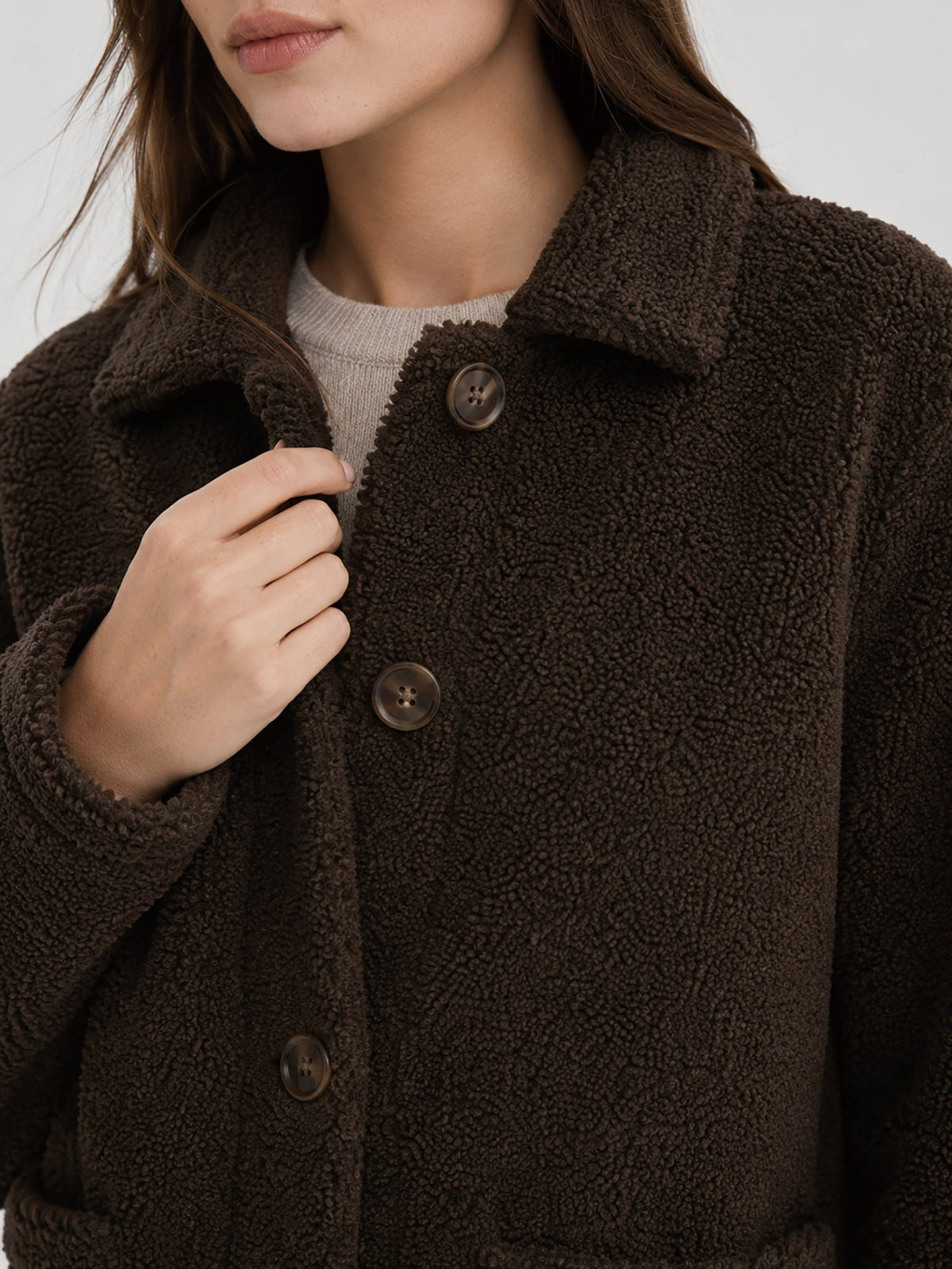 YUCOLEN Women‘s Button Down Fleece Jacket Soft Fuzzy Lapel Collar Coat with Pockets in Brown
