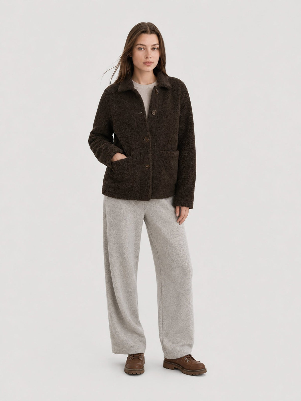 YUCOLEN Women‘s Button Down Fleece Jacket Soft Fuzzy Lapel Collar Coat with Pockets in Brown