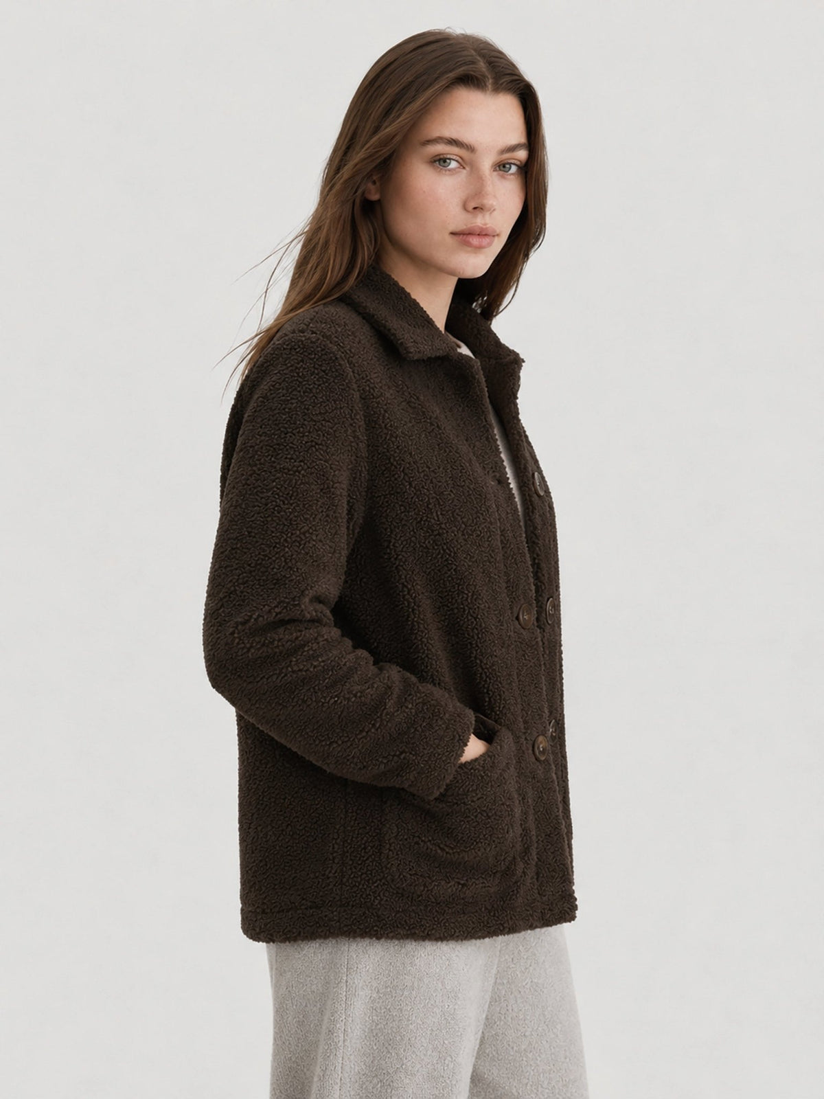 YUCOLEN Women‘s Button Down Fleece Jacket Soft Fuzzy Lapel Collar Coat with Pockets in Brown