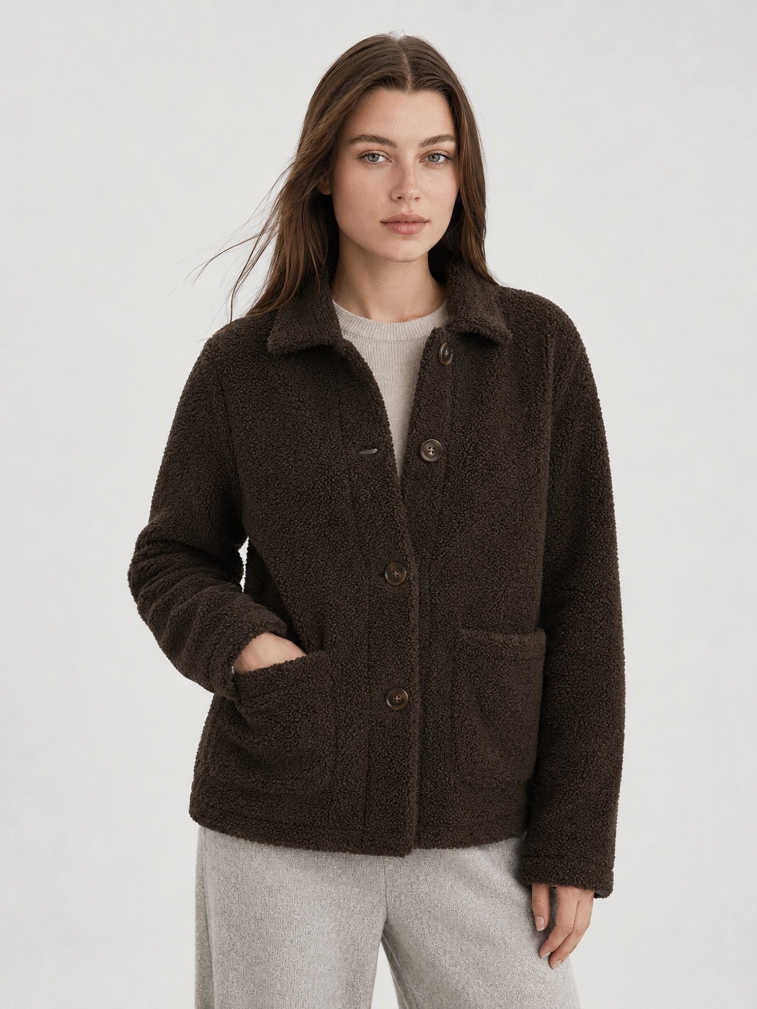 YUCOLEN Women‘s Button Down Fleece Jacket Soft Fuzzy Lapel Collar Coat with Pockets in Brown