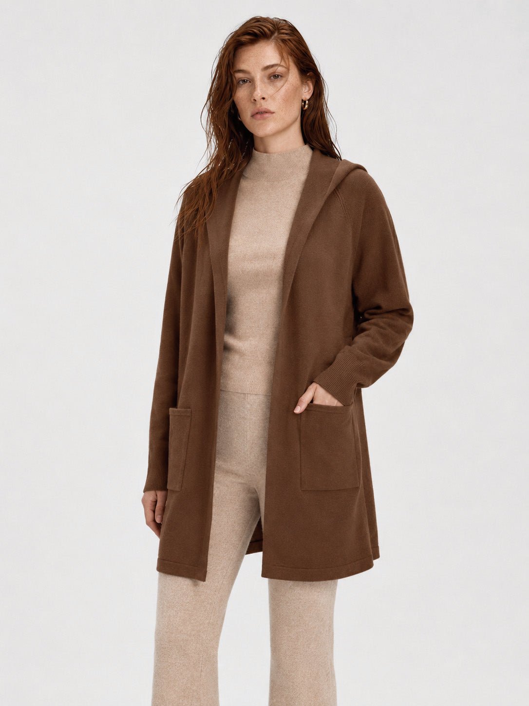 YUCOLEN Women's Hooded Open Front Cardigan Soft Knit Mid-Thigh Coatigan with Pockets in Brown
