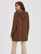 YUCOLEN Women's Hooded Open Front Cardigan Soft Knit Mid-Thigh Coatigan with Pockets in Brown