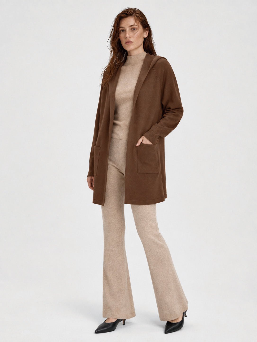 YUCOLEN Women's Hooded Open Front Cardigan Soft Knit Mid-Thigh Coatigan with Pockets in Brown