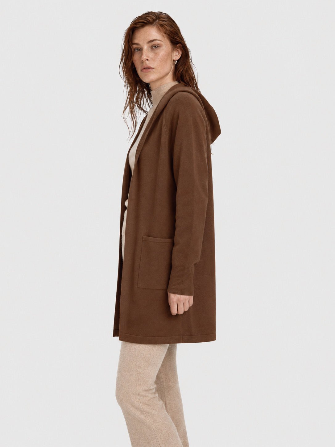 YUCOLEN Women's Hooded Open Front Cardigan Soft Knit Mid-Thigh Coatigan with Pockets in Brown