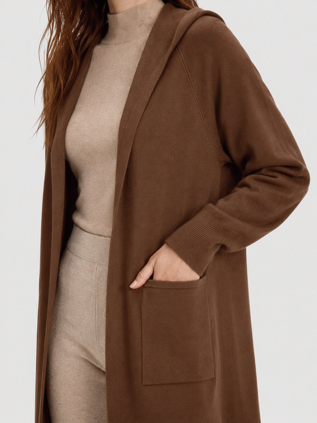 YUCOLEN Women's Hooded Open Front Cardigan Soft Knit Mid-Thigh Coatigan with Pockets in Brown