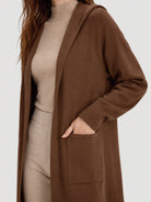 YUCOLEN Women's Hooded Open Front Cardigan Soft Knit Mid-Thigh Coatigan with Pockets in Brown