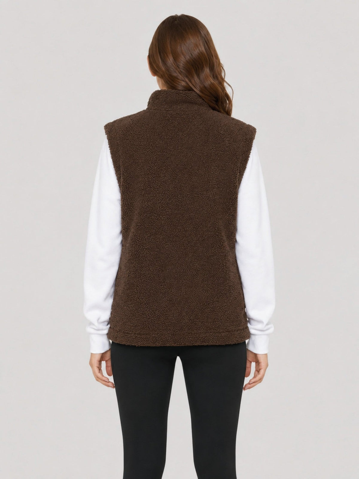 YUCOLEN Women's Sherpa Fleece Vest Fuzzy Zip Up Sleeveless Jacket with 4 Pockets in Brown