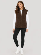 YUCOLEN Women's Sherpa Fleece Vest Fuzzy Zip Up Sleeveless Jacket with 4 Pockets in Brown