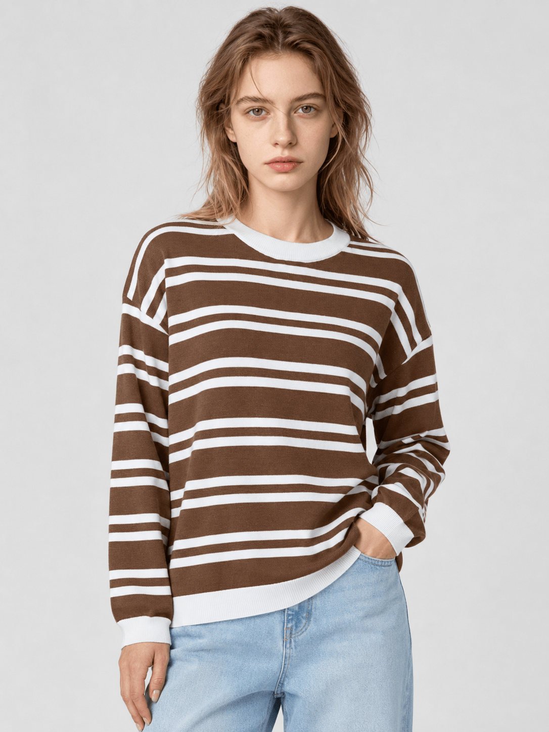 YUCOLEN Women's Striped Crewneck Sweater Soft Knit Casual Loose Fit Pullover for Fall Winter in Brown