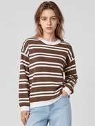 YUCOLEN Women's Striped Crewneck Sweater Soft Knit Casual Loose Fit Pullover for Fall Winter in Brown