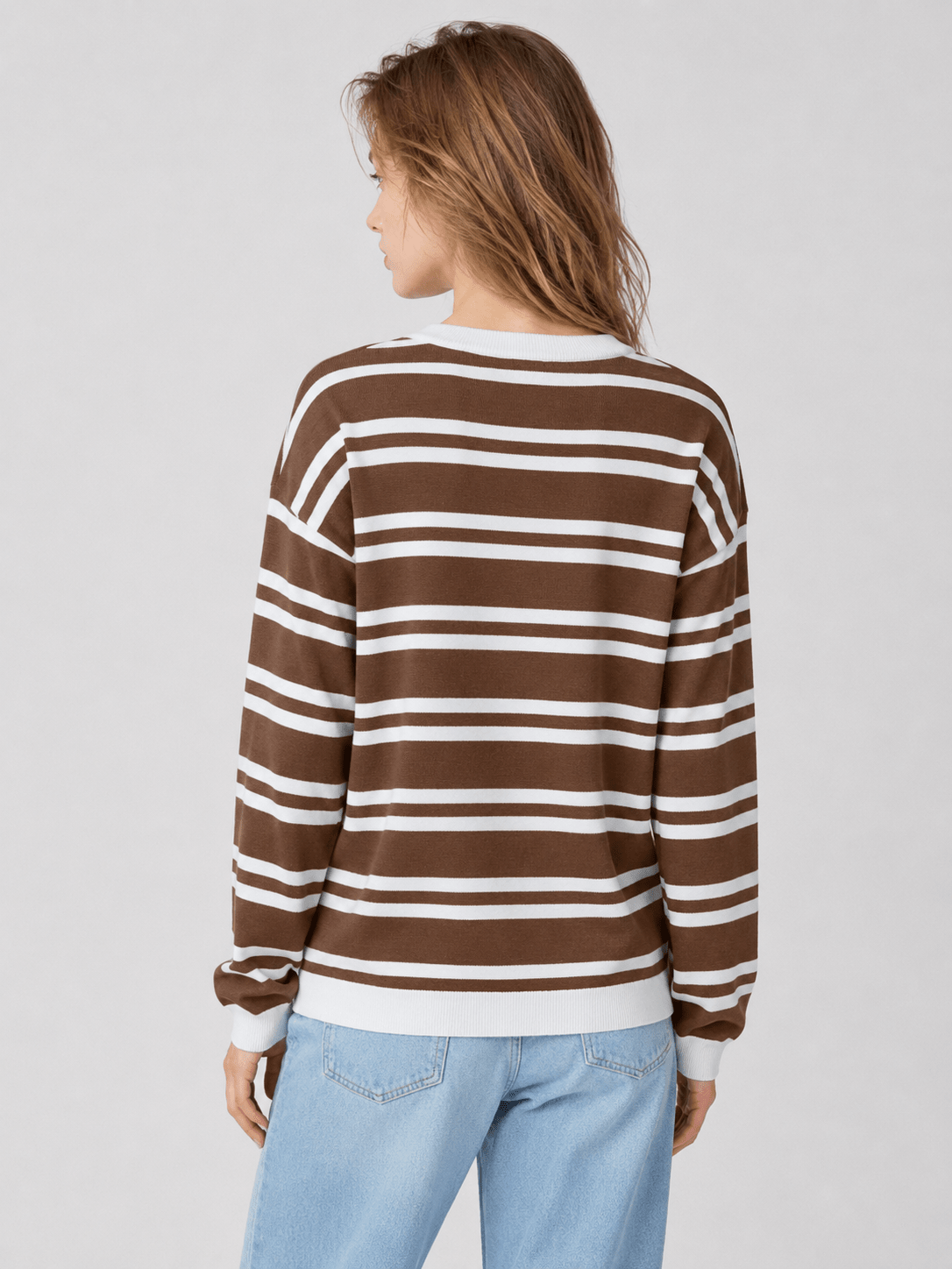 YUCOLEN Women's Striped Crewneck Sweater Soft Knit Casual Loose Fit Pullover for Fall Winter in Brown