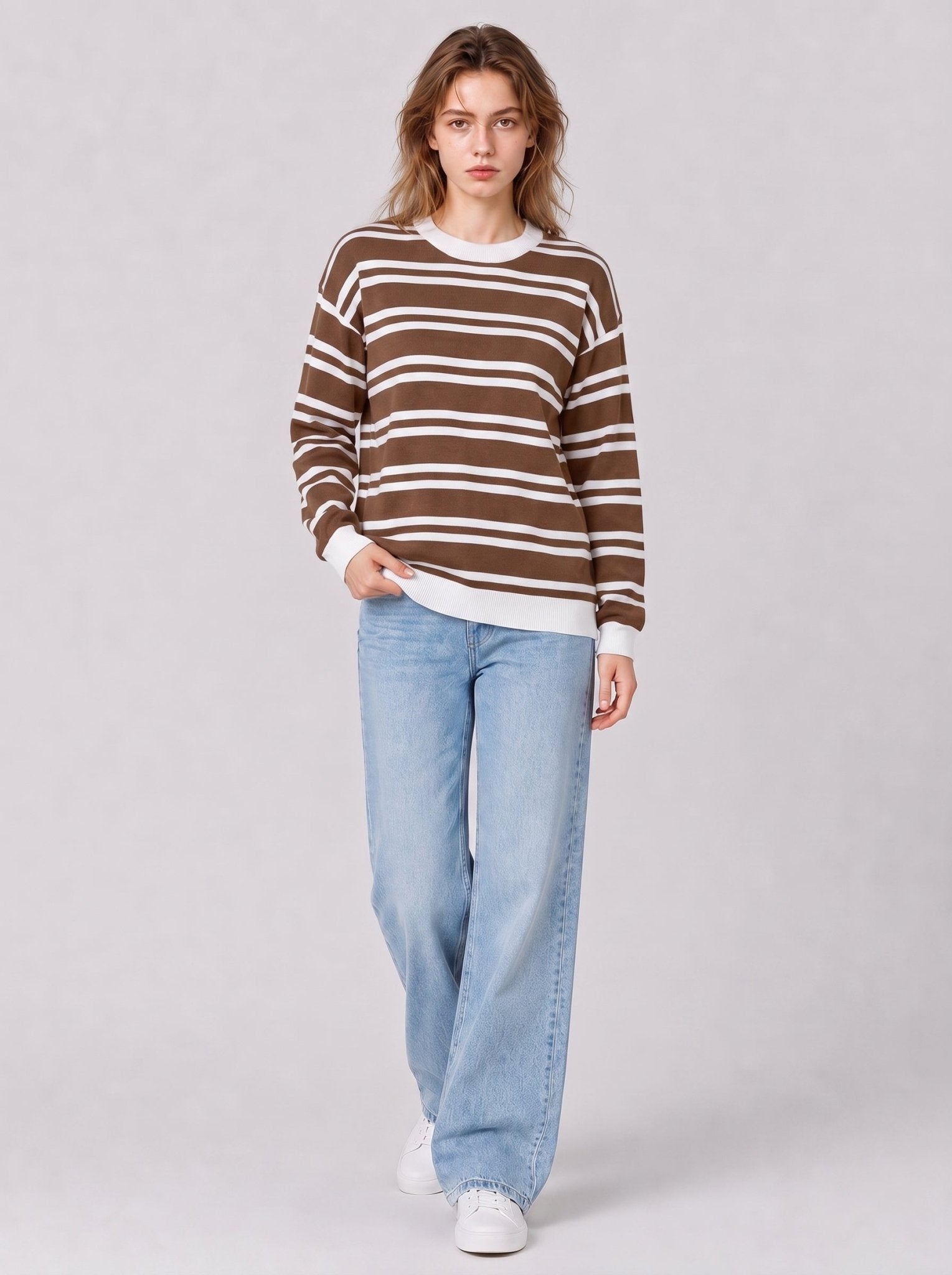 YUCOLEN Women's Striped Crewneck Sweater Soft Knit Casual Loose Fit Pullover for Fall Winter in Brown