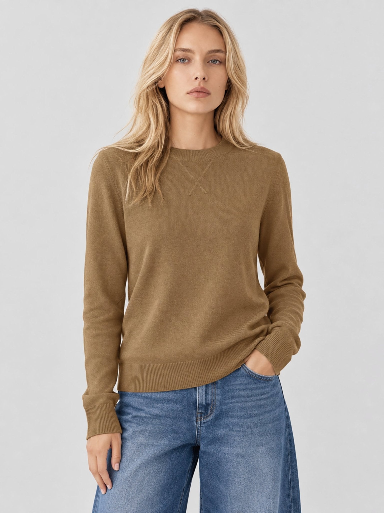 YUCOLEN Women's Soft Wool Blend Lightweight Crewneck Pullover Sweater in Camel