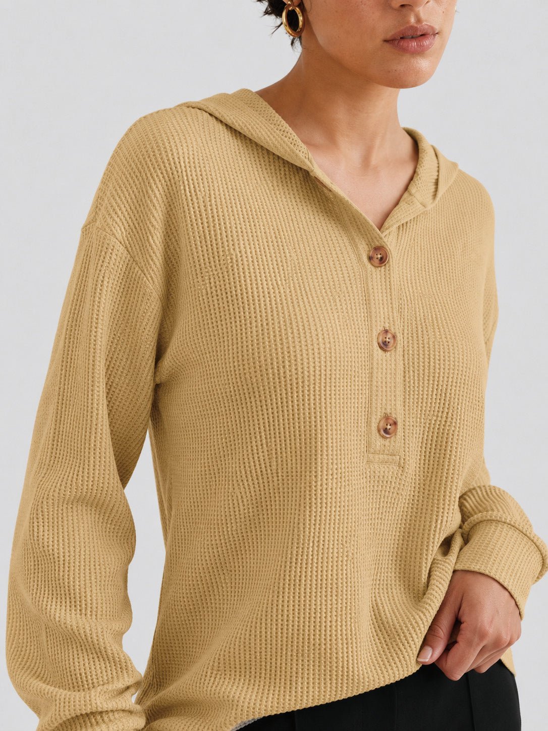 YUCOLEN Women's Waffle Knit Oversized Hoodie 4-Button Henley Pullover in Camel