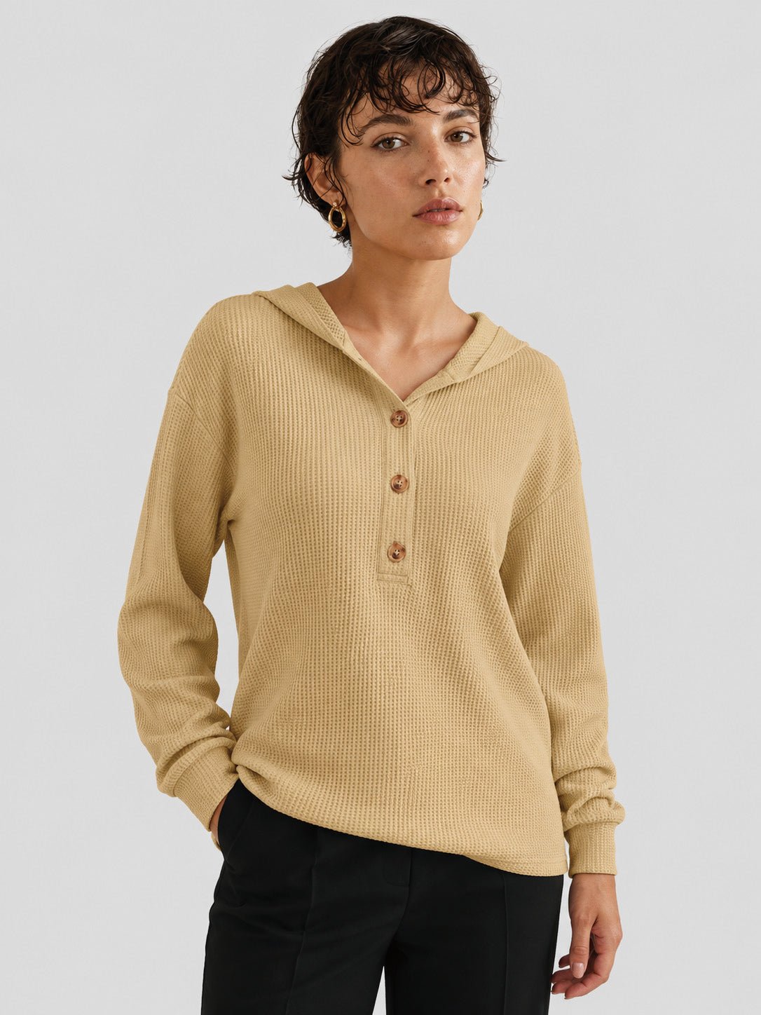 YUCOLEN Women's Waffle Knit Oversized Hoodie 4-Button Henley Pullover in Camel