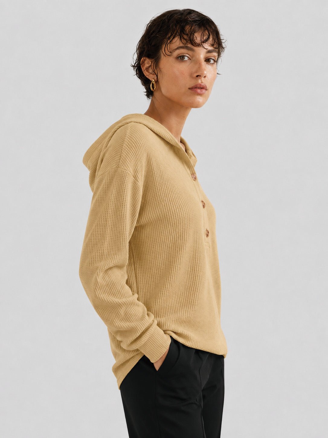 YUCOLEN Women's Waffle Knit Oversized Hoodie 4-Button Henley Pullover in Camel