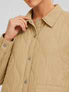 YUCOLEN Women's Water Ripple Quilted Shacket Lightweight Button Down Coat with Pockets in Camel