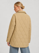 YUCOLEN Women's Water Ripple Quilted Shacket Lightweight Button Down Coat with Pockets in Camel