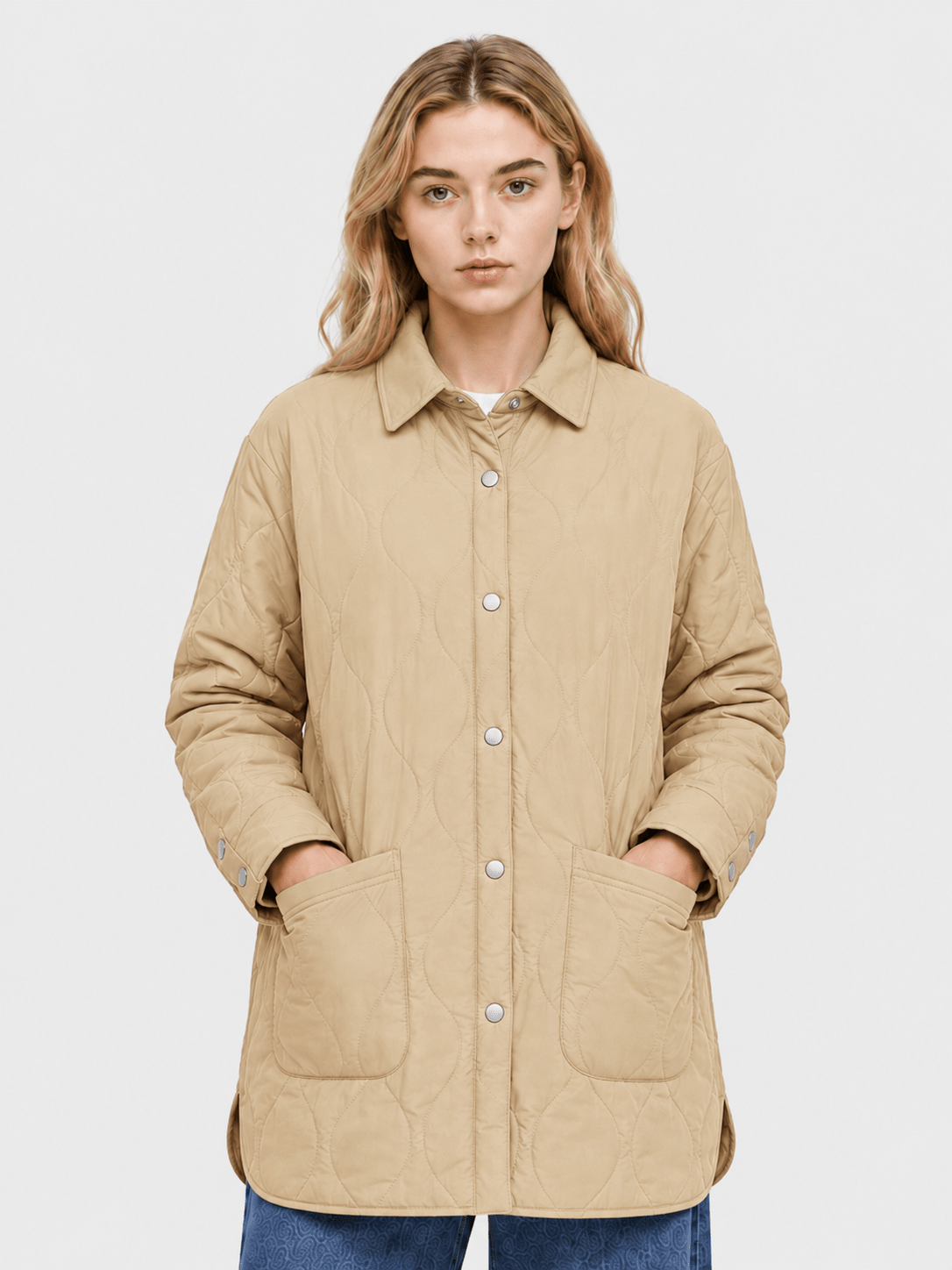 YUCOLEN Women's Water Ripple Quilted Shacket Lightweight Button Down Coat with Pockets in Camel