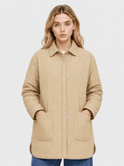 YUCOLEN Women's Water Ripple Quilted Shacket Lightweight Button Down Coat with Pockets in Camel