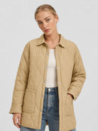 YUCOLEN Women's Water Ripple Quilted Shacket Lightweight Button Down Coat with Pockets in Camel