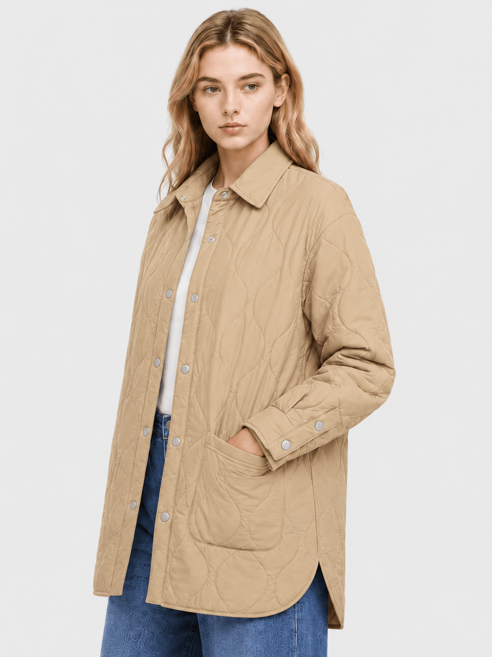 YUCOLEN Women's Water Ripple Quilted Shacket Lightweight Button Down Coat with Pockets in Camel