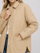 YUCOLEN Women's Water Ripple Quilted Shacket Lightweight Button Down Coat with Pockets in Camel