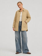 YUCOLEN Women's Water Ripple Quilted Shacket Lightweight Button Down Coat with Pockets in Camel