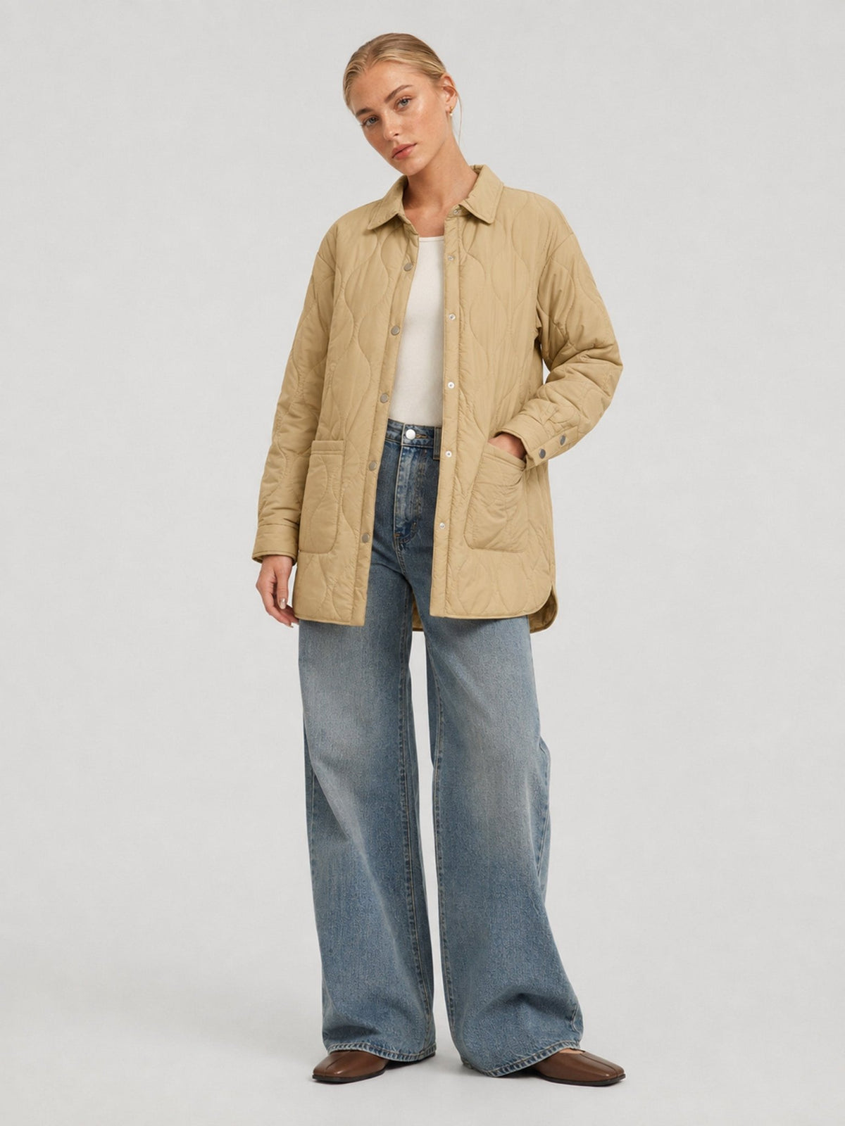 YUCOLEN Women's Water Ripple Quilted Shacket Lightweight Button Down Coat with Pockets in Camel