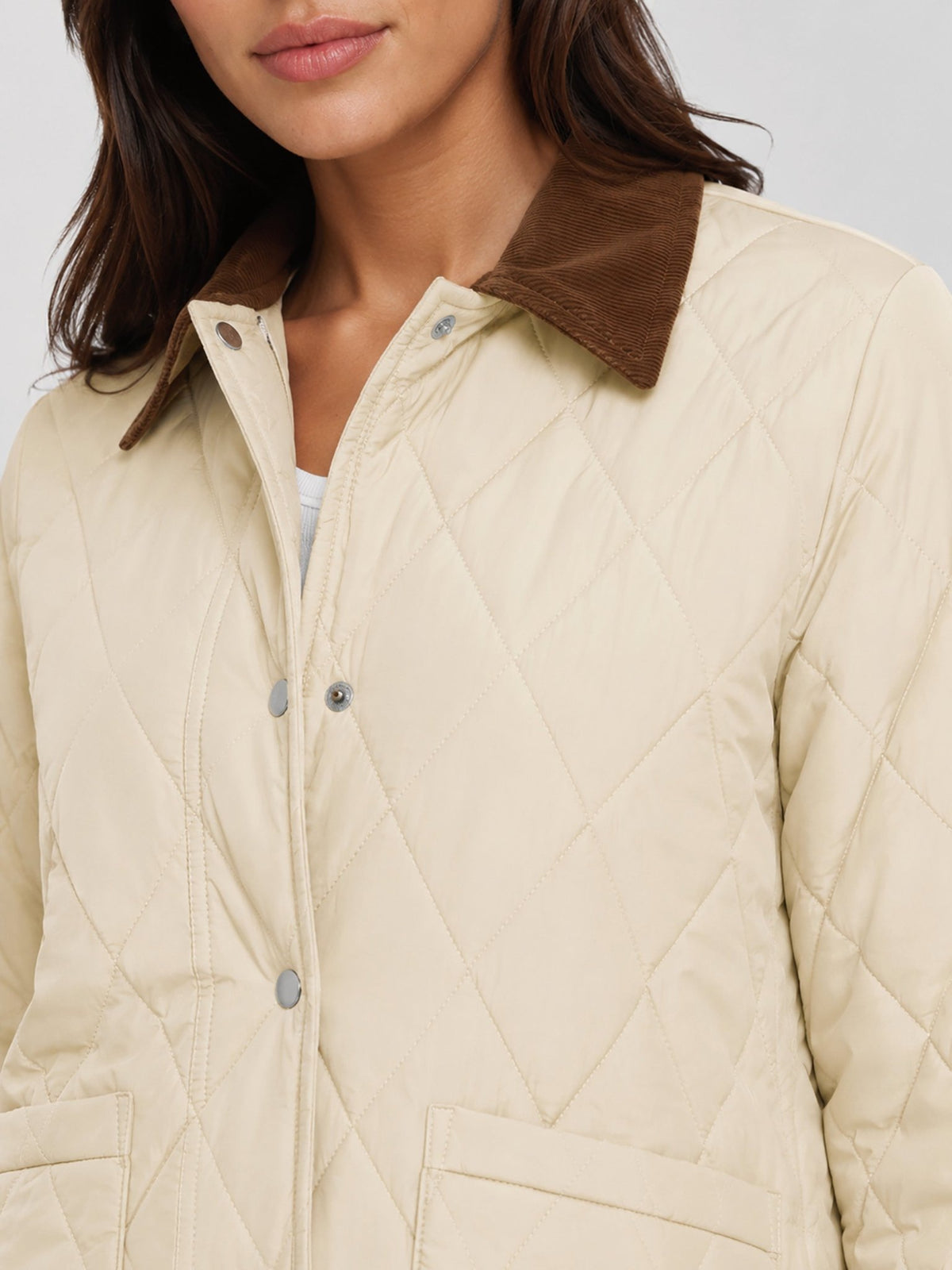YUCOLEN Women's Quilted Jacket Retro Corduroy Collar Lightweight Padded Coat in Champagne