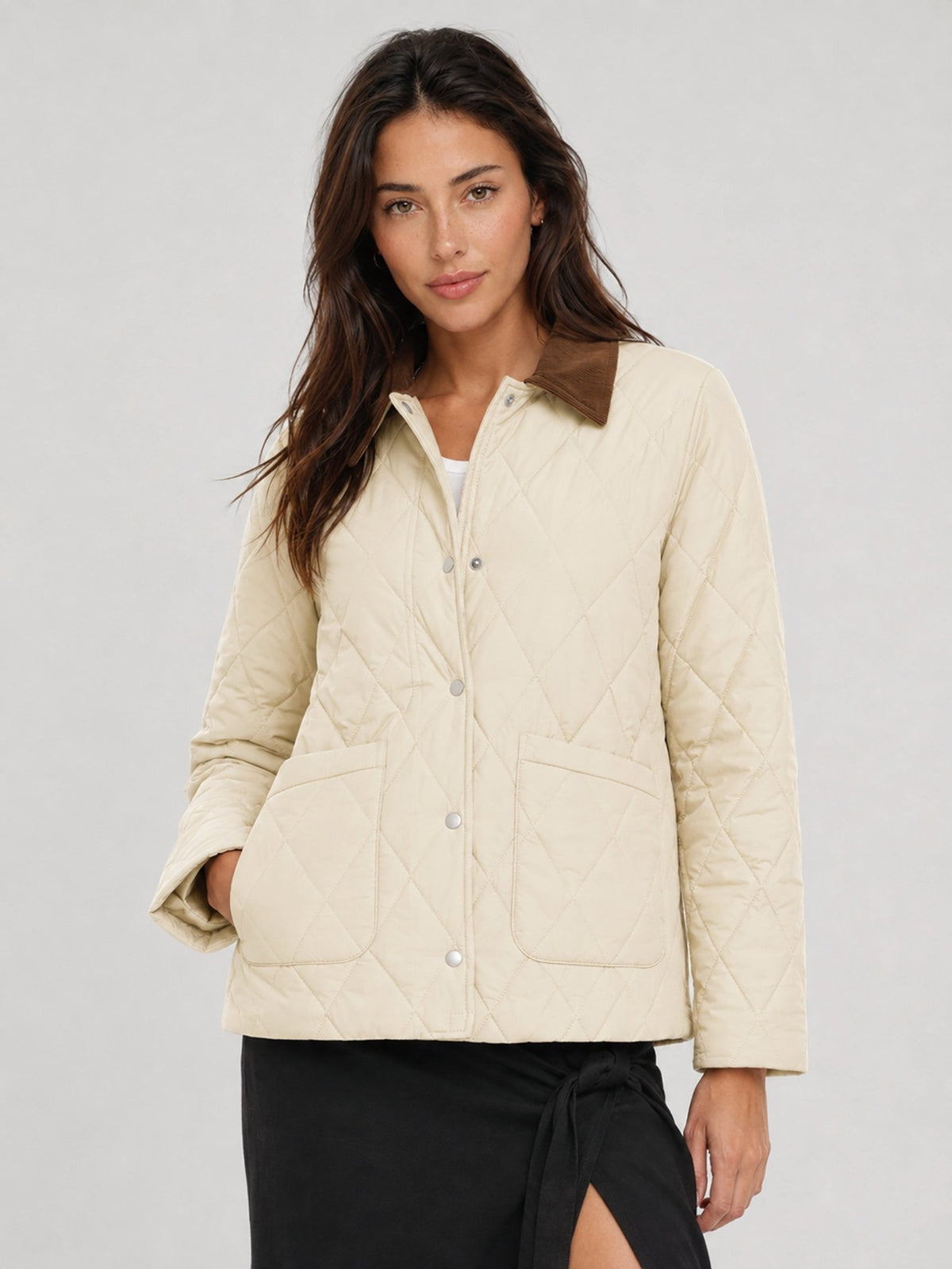 YUCOLEN Women's Quilted Jacket Retro Corduroy Collar Lightweight Padded Coat in Champagne
