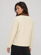 YUCOLEN Women's Quilted Jacket Retro Corduroy Collar Lightweight Padded Coat in Champagne