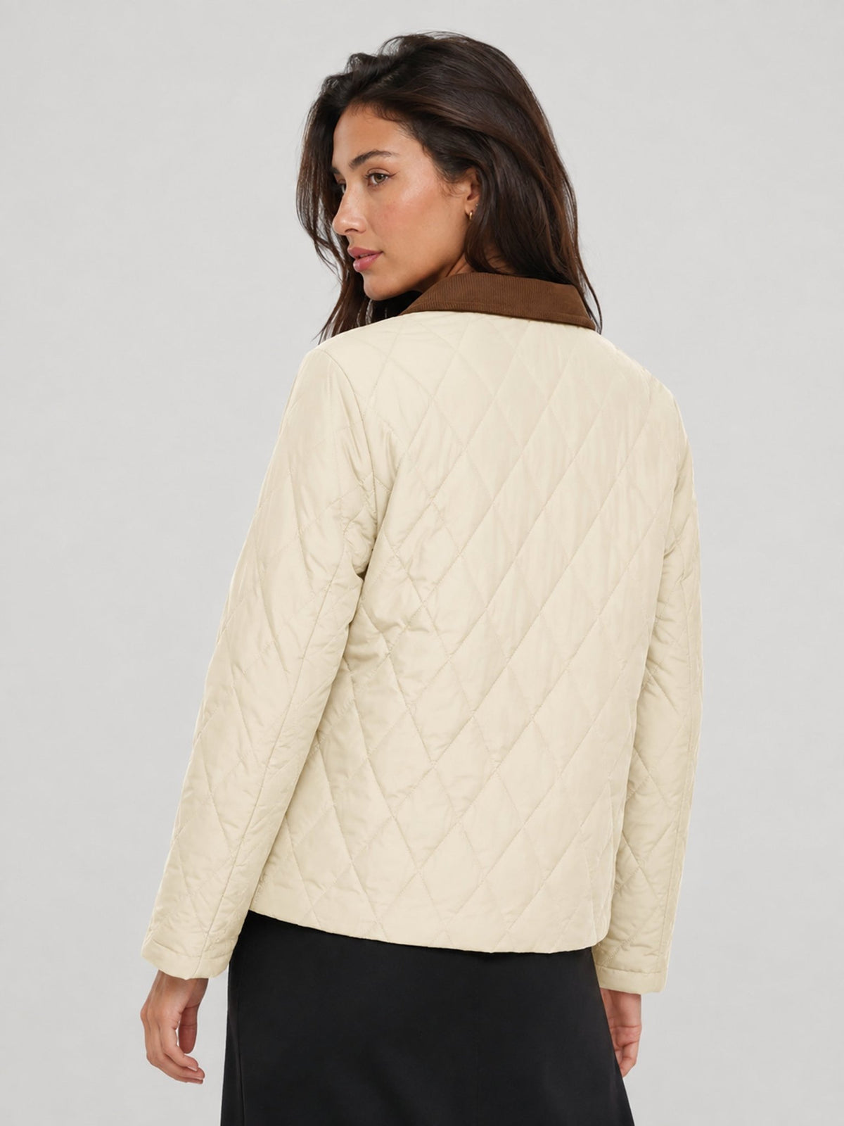 YUCOLEN Women's Quilted Jacket Retro Corduroy Collar Lightweight Padded Coat in Champagne