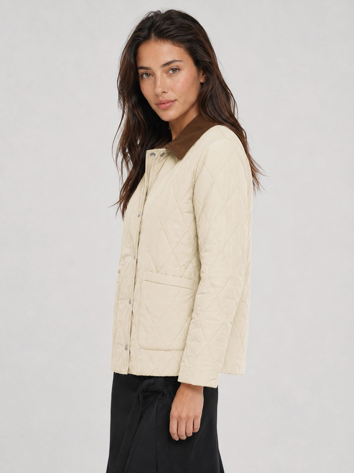 YUCOLEN Women's Quilted Jacket Retro Corduroy Collar Lightweight Padded Coat in Champagne
