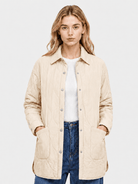 YUCOLEN Women's Water Ripple Quilted Shacket Lightweight Button Down Coat with Pockets in Champagne