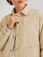 YUCOLEN Women's Water Ripple Quilted Shacket Lightweight Button Down Coat with Pockets in Champagne