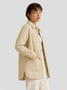 YUCOLEN Women's Water Ripple Quilted Shacket Lightweight Button Down Coat with Pockets in Champagne