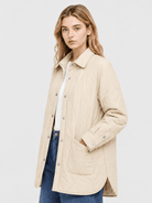 YUCOLEN Women's Water Ripple Quilted Shacket Lightweight Button Down Coat with Pockets in Champagne