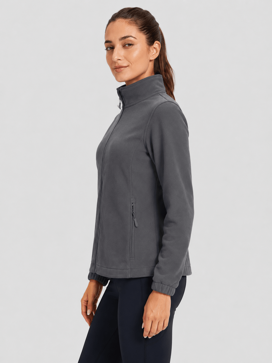 YUCOLEN Women's Lightweight Full Zip Fleece Jacket Windproof Stand Collar Outdoor Sweatshirt in Charcoal Gray
