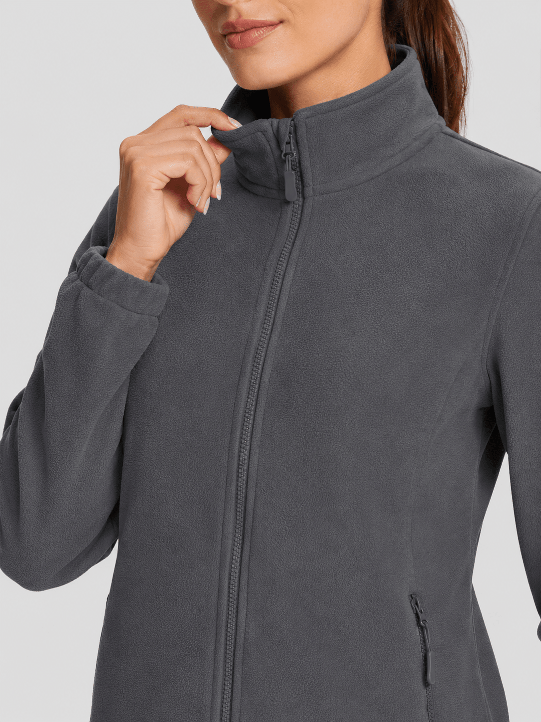 YUCOLEN Women's Lightweight Full Zip Fleece Jacket Windproof Stand Collar Outdoor Sweatshirt in Charcoal Gray