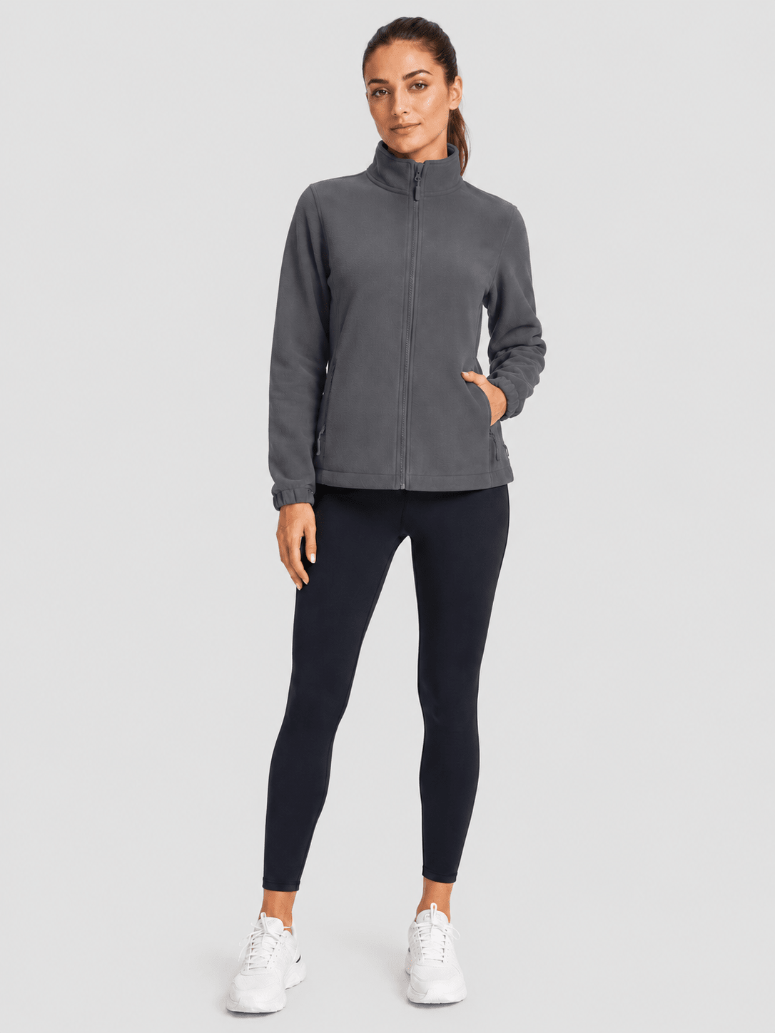 YUCOLEN Women's Lightweight Full Zip Fleece Jacket Windproof Stand Collar Outdoor Sweatshirt in Charcoal Gray